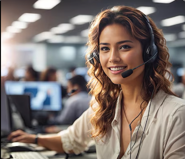 woman at laptop with headset on